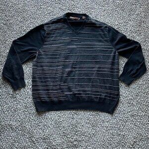 100% Cotton Perry Ellis Crewneck Sweater Mens 3XLT Black Gray Striped Geometric